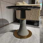 Circular Radial Wood Veneer Sofa Side Table with Sculpted Pedestal and Gold-Finished Stainless Steel Base